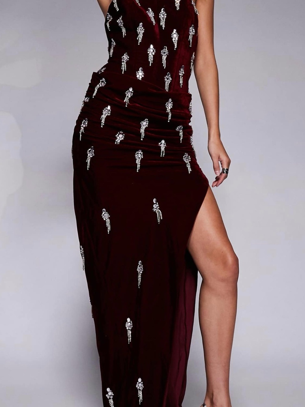 ASOS Embellished Burgundy Velvet Maxi Dress with High Side Slit